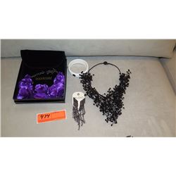 Jewelry: Black Bead Waterfall Necklace, Blk Rhinestone Cascade Earrings, Purple Satin Floral Necklac