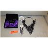 Image 1 : Jewelry: Black Bead Waterfall Necklace, Blk Rhinestone Cascade Earrings, Purple Satin Floral Necklac
