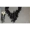 Image 2 : Jewelry: Black Bead Waterfall Necklace, Blk Rhinestone Cascade Earrings, Purple Satin Floral Necklac