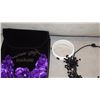Image 3 : Jewelry: Black Bead Waterfall Necklace, Blk Rhinestone Cascade Earrings, Purple Satin Floral Necklac
