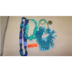 Jewelry: 4 Misc. Aqua/Blue Bead Necklaces (various styles, lengths), Brooch Pin