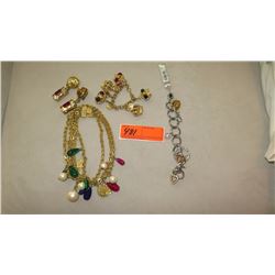 Jewelry: Multi Strand Gold Necklace, "Royal Crowns" Charm Bracelet, Link Charm Bracelet, Earrings,