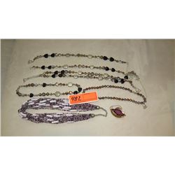 Jewelry: 5 Misc. Black/Brown Bead Necklaces (various styles, lengths), Brooch Pin