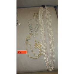 Jewelry: Multiple Strand White Pearls, Pearl Drape Necklace, 2 Pairs Earrings