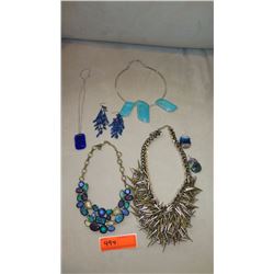 Jewelry: Misc. Multi Tier Blue/Green Stone Necklaces, 2 Pairs Earrings