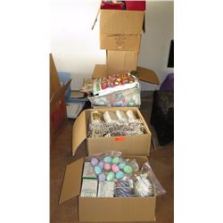 Multiple Boxes of Christmas Decorations: Tree Ornaments, Lights, Ribbons, etc.