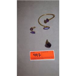 Jewelry: Contemporary Amethyst Bracelet w/Matching Ring, Rough-Cut Ameythyst Pendant