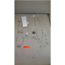 Jewelry: 4 Misc. Pearl/Bead/Rhinestone Necklaces, Ring, Misc.