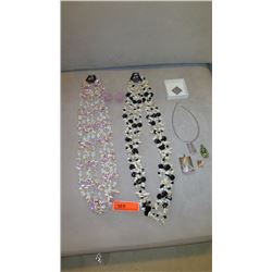 Jewelry: 2 Multi-Strand Glass/Bead Necklaces, Rope Chain w/4 Pendants, Earrings