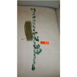 Jewelry: Green-Glass Bead Necklace, 2 Prs Green Earrings, Green Bead Bracelet