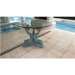 Italian Tri-Dolphin Table Base w/Round Glass Table Top 42" dia, 29" H