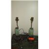 Image 1 : Pair of Antique Rough-Carved Green Quartz (Aventurine?) Lamps w/ Wooden Stand 15" H