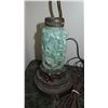 Image 2 : Pair of Antique Rough-Carved Green Quartz (Aventurine?) Lamps w/ Wooden Stand 15" H