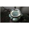 Image 8 : Pair of Antique Rough-Carved Green Quartz (Aventurine?) Lamps w/ Wooden Stand 15" H