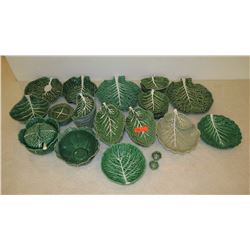 Large Lot of Belo (Portugal) Glazed Green Ceramic Cabbage Serveware, Trays, Bowls, Plates, etc.