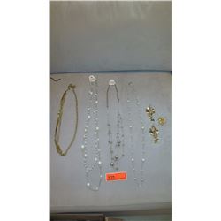 Jewelry: 4 Misc. Pearl/Bead Necklaces, Gold Chain, Earrings