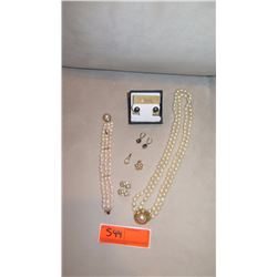 Jewelry: 14K Gold Pendants, Dbl Strand Pearl Necklace, Pearl Bracelet, Pearl Earrings