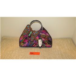 New Mary Frances Beaded Bag: Jeweled Bright-Hued Silk w/Ring Handles