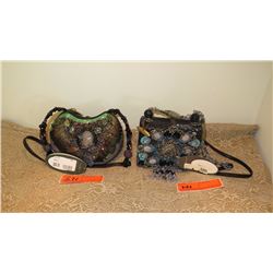 2 New Mary Frances Beaded Bags: Half Moon w/Feathers, "Kismet" (Black/Blue)