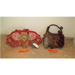 2 New Mary Frances Beaded Bags: Hot Pink Brocade, Chenille and Mustard Velvet Print w/Jeweled Medall