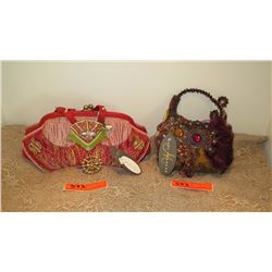 2 New Mary Frances Beaded Bags: Hot Pink Brocade, Chenille and Mustard Velvet Print w/Jeweled Medall