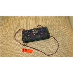 New Mary Frances Beaded Bag: Blue Mesh Clutch w/Green Ocean Coral Motif