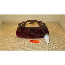 New Mary Frances Beaded Handbag: Crimson Damask Burn-Out Velvet