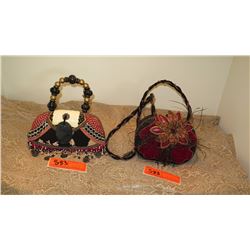 2 New Mary Frances Beaded Handbags: Red, Black Bag and Red Chenille w/Lrg Flower