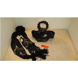 New Mary Frances Beaded Handbag: Black Satin w/Beaded Handles and Black Scarf