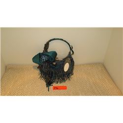 New Mary Frances Beaded Handbag: Teal Satin w/Draped Beads