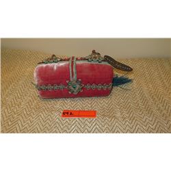 New Mary Frances Beaded Handbag: Pink Velvet w/Blue-Jeweled Contrast Band