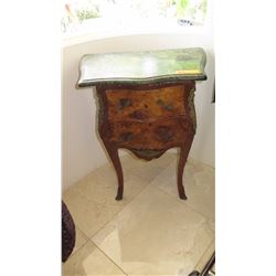 Burl Wood Bombe Chest Side Table w/Green Marble Top 32x13x28