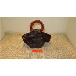 New Mary Frances Beaded Bag: Ochre/Amethyst Brocade w/Crystal Bead Handles
