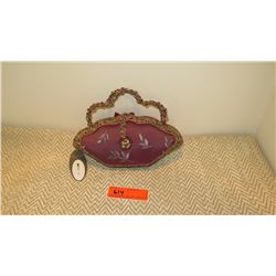 New Mary Frances Beaded Bag: Embroidered Plum Satin w/Tropical Floral Accents