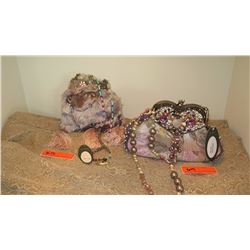 2 New Mary Frances Beaded Bags: Lilac-Hued Faux Fur Pourch and "Sweetheart" Silk Bag