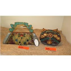 2 New Mary Frances Beaded Handbags: Faux Leather Pyramid (Slight Discoloration) and Jacquard