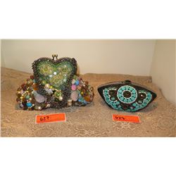 2 New Mary Frances Beaded Handbags: Vintage Motif Pouch and Turquoise Clutch