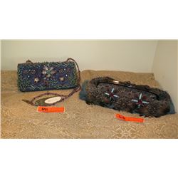 2 New Mary Frances Beaded Bags: Blue Mesh w/Coral Motif  and Feathered Pouch