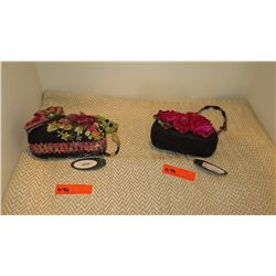 2 New Mary Frances Beaded Bags: "Mariposa" Black Embroidered Satin and Red Satin Roses