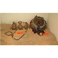 2 New Mary Frances Beaded Bags: Brown/Blue Tapestry Pouch and Ivory Damask Clutch