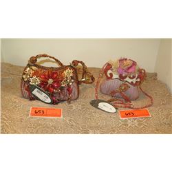 2 New Mary Frances Beaded Bags: Mauve Satin w/Floral Accents and Pink Fabric Bag