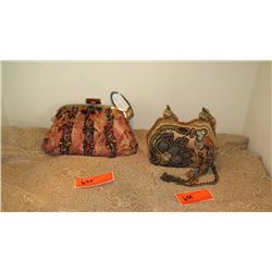 2 New Mary Frances Beaded Bags:  Ginger Peach  Chiffon and Leaf-Print Peach Satin