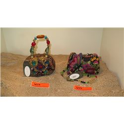 2 New Mary Frances Beaded Bags: "Mariposa" Black Embroidered Satin and Green Oval