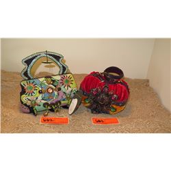 2 New Mary Frances Beaded Bags: Psychedelic Mod Fabric and Red/Orange Velvet Bag