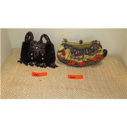 2 New Mary Frances Beaded Bags: Green Silk Shantung and Gloss Black w/Purple Flower