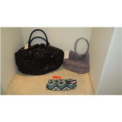 Qty 3 New Misc. Bags: Large Black Bag, Silver Mesh Bag, Beaded Clutch