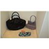 Image 1 : Qty 3 New Misc. Bags: Large Black Bag, Silver Mesh Bag, Beaded Clutch