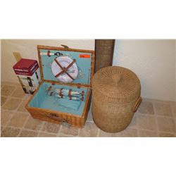 Wine Rattan Picnic Basket w/Plates, Glasses,