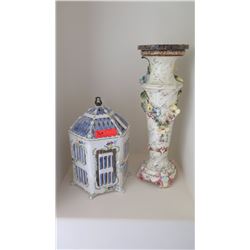 Large Porcelain Birdcage & Floral-Embellished Porcelain Pedestal