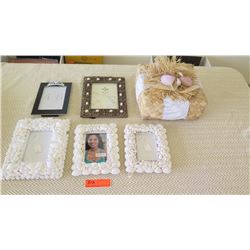 Qty 3 New White Shell Picture Frames, 2 Decorative Picture Frames, Woven Lauhala Gift Basket